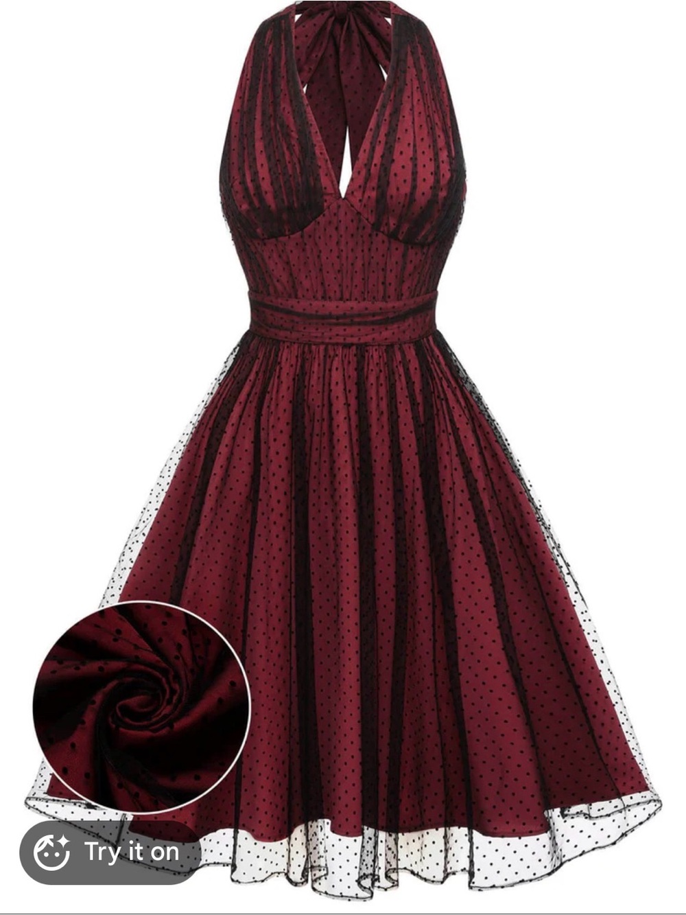 Woman’s 1950s Vintage Red Halter Dot Mesh Party Dress